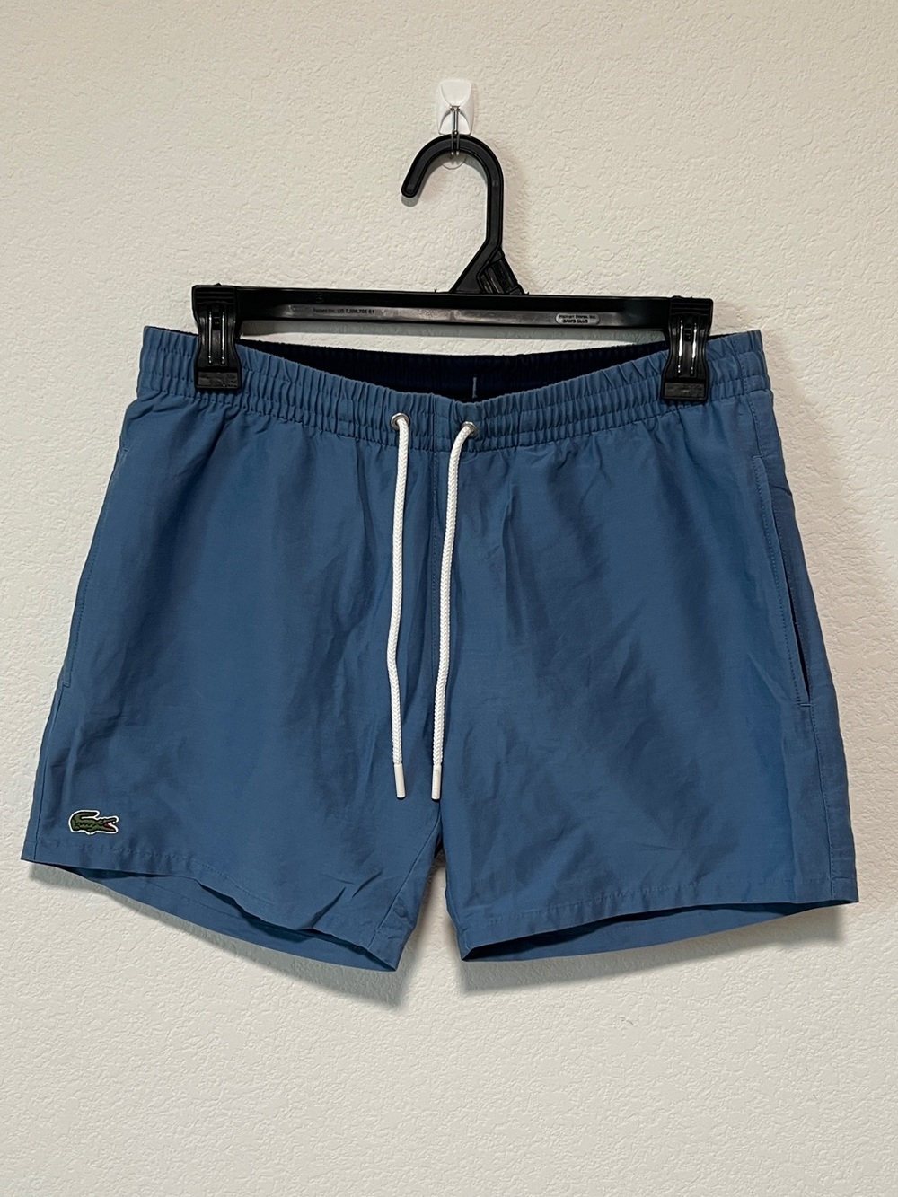 Lacoste Men’s Slate Blue Swim Trunks with White Drawstring Sz S